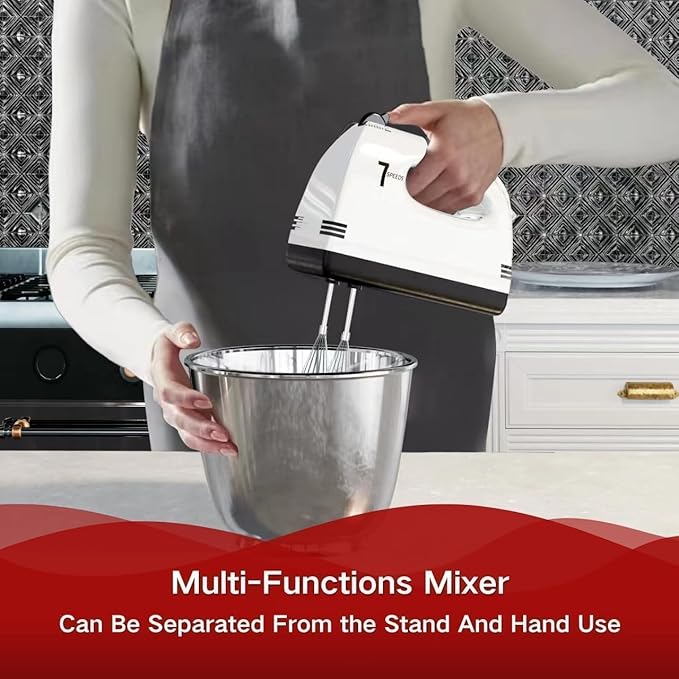 Stand Mixers, 7 Speeds With 3QT Stainless Steel Bowl, Stand and Hand Mixer with Dough Hook, Whisk, Mixing Beater for Baking, Cake, Cookie, Kneading (VL2)