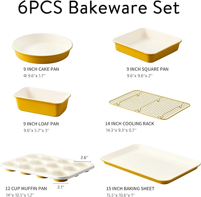CAROTE 6-Piece Ceramic Baking Pans Set, Aluminized Steel Bakeware Sets, Toxin-Free Nonstick Stackable Oven Pans with Cookie Sheet, Muffin Pan, Loaf Pan, Round & Square Cake Pan, Cooling Rack