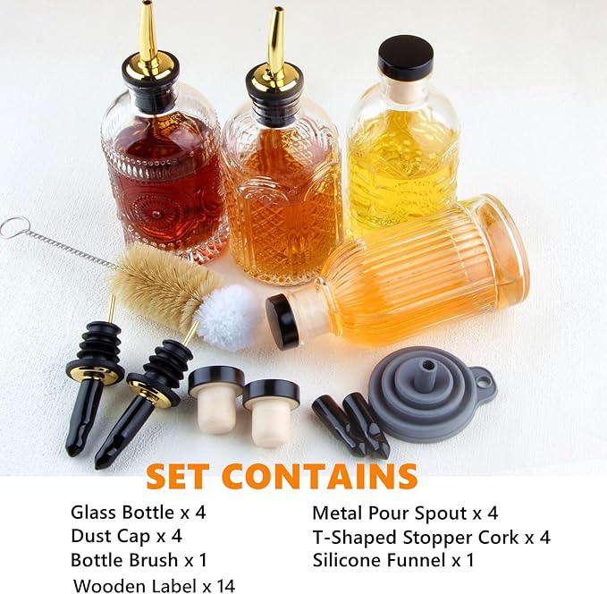 Shining Craft Syrup Dispenser Bottles Set, 4 Pack 7 OZ Bottles With Metal Pour Spout and Labels for Syrups, SC055 (4 Pack)