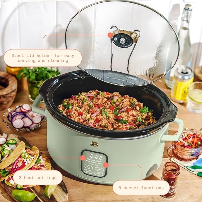 Beautiful 6 Qt Programmable Slow Cooker by Drew Barrymore -5 Preset Cooking Functions, Digital Countdown Timer, Dishwasher-Safe Parts and Cool-Touch Handles (Sage Green)