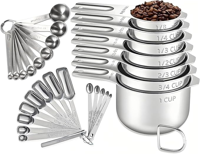 30PCS Measuring Cups and Spoons Set, 7 Nesting Measuring Cups, 18 Measuring Spoons and 5 Mini Spoons, Stainless Steel Kitchen Measuring Set for Dry and Liquid Ingredients, Perfect for Cooking & Baking