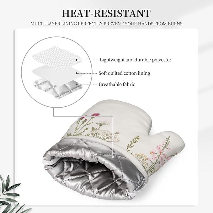 Wildflower Botanical Oven Mitts and Pot Holders Set Silicone Heat Resistant Floral Plant Herbs Sage Green Leaves Kitchen Gloves Set Kitchen Mittens Pot Holders for Cooking Baking Grilling
