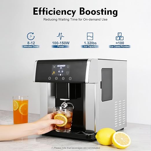 2-in-1 Nugget Ice Maker & Cold Water Dispenser, Manual/Automatic Countertop Ice Maker Dispense with Touch Control Ice Storage Capacity 600g/1.32lbs for Homes, Cafes