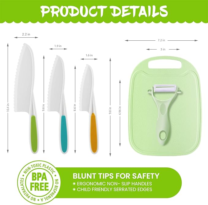 Kids Knifes Set,Children's Nylon Knives Safe Baking Real Cutting Cooking Childrens Knife Beginners Plastic Cut Fruits Salad Fun Firm Grip Toddler Chopping Friendly With Board Peeler 5Pack (green)