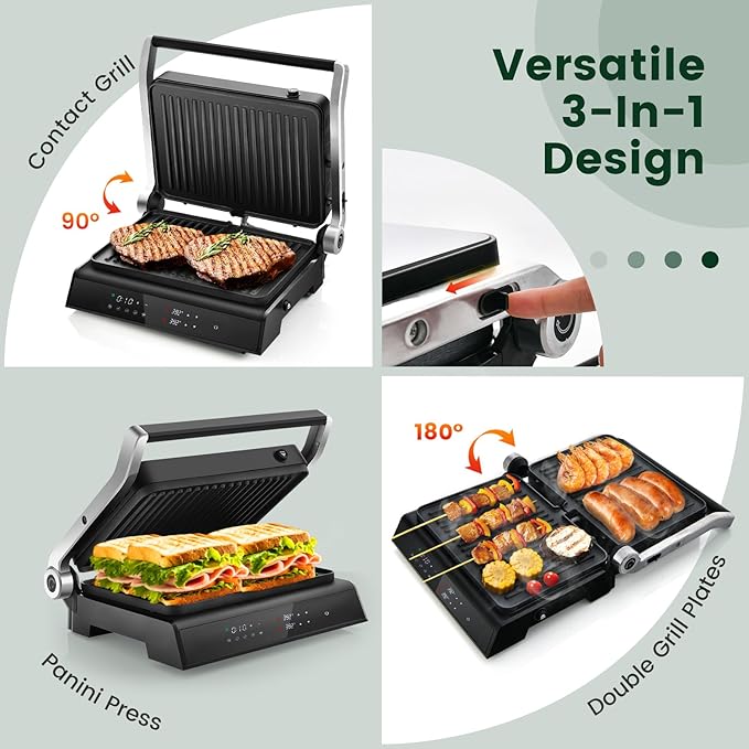 KOTEK Panini Press Sandwich Maker, 1200W 4 Slice Sandwich Toaster, Removable Drip Tray & Non-Stick Coated Plates, Open 180°, 3-In-1 Electric Indoor Grill w/5 Auto Modes, Temperature Control & Timer