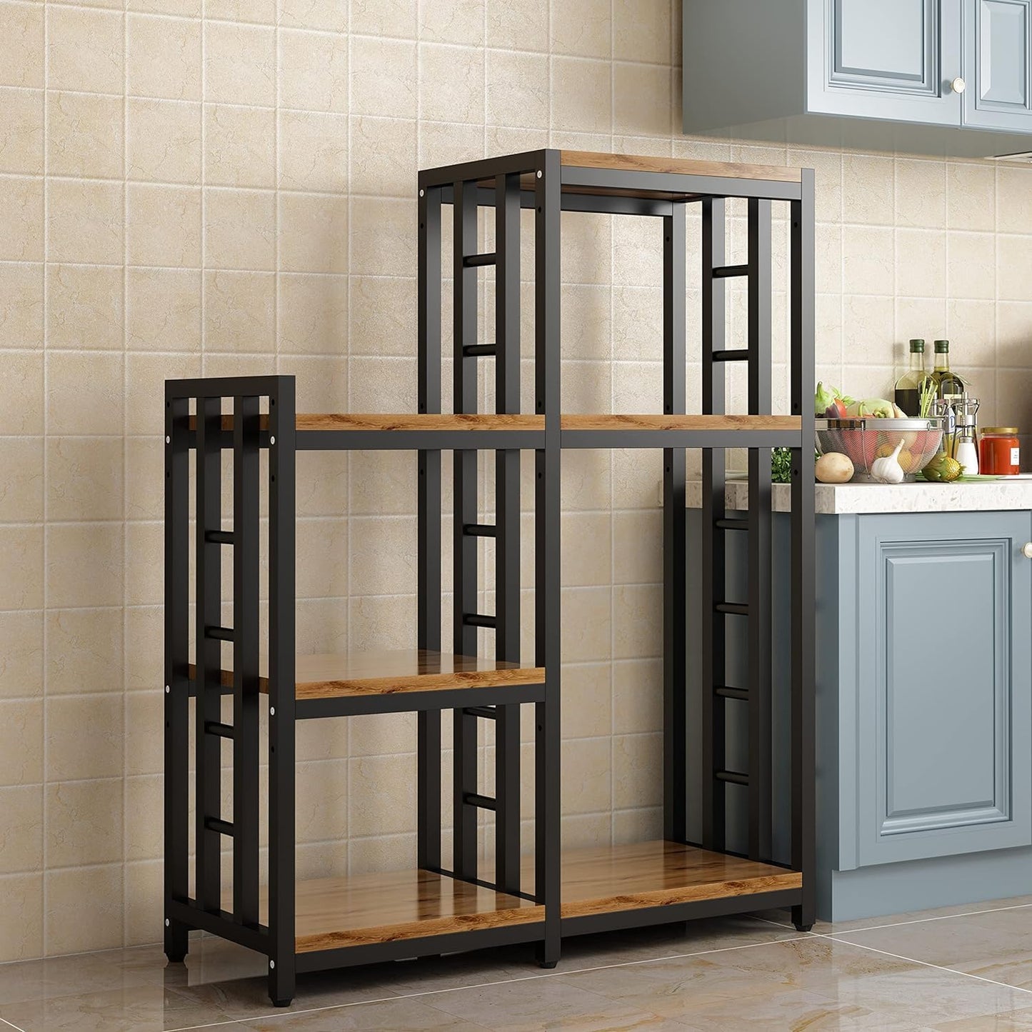BRIGHTSHOW Kitchen Storage Shelf Bakers Rack, 6-Tier Coffee Bar Table, Kitchen Microwave & Mini Fridge Stand Shelves for Spices, Pots and Pans (52 x 40 x 17.5inch) (Brown no Wheels)