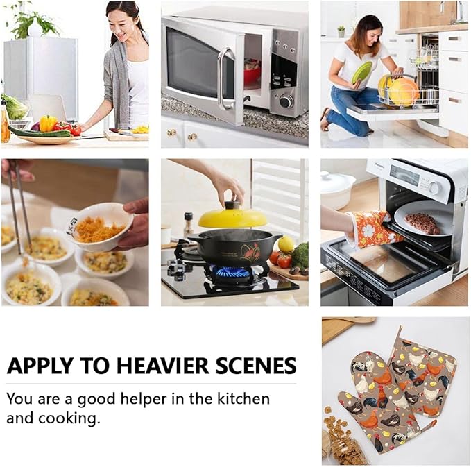 Fun Hen Chicken Rooster Oven Mitts and Pot Holders Set of 4 Silicone Heat Resistant Oven Mitten Potholders Non Slip Gloves Kitchen Decor for BBQ Cooking Grilling Baking
