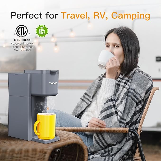 Tastyle Mini Hot and Iced Coffee Maker Single Serve, for K Cup and Ground, 6 to 14 Oz Brew Sizes, with Recipe Book, for Home, Travel, RV, Office and Dorm, Elegant Gray