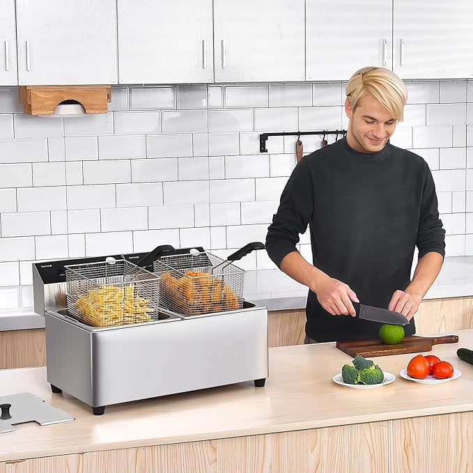 Commercial Deep Fryer with Basket, 3400w 28Qt Dual Tank 0.6mm Thickened Stainless Steel Countertop Electric Fryer for Home and Commercial Use, Oil Fryer with Double Overheat Protection