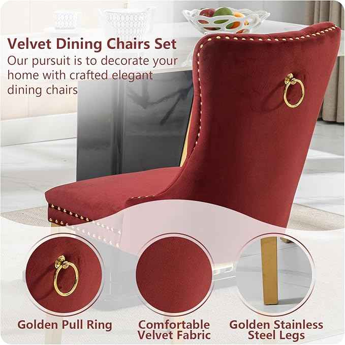 Velvet Dining Chairs Set of 2, Kitchen Chairs Set of 2, Tufted Upholstered Dining Room Chair, Back Ring Pull Trim, Golden Stainless Steel Legs, Wine Red
