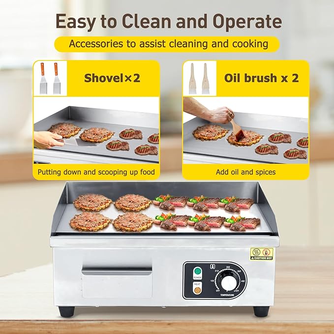 18" 1500W Commercial-Grade Stainless Steel Electric Griddle – Adjustable Temp 122-572°F, Half Flat Top Grill with 2 Shovels & Brushes, Plug Included for Indoor/Outdoor Cooking
