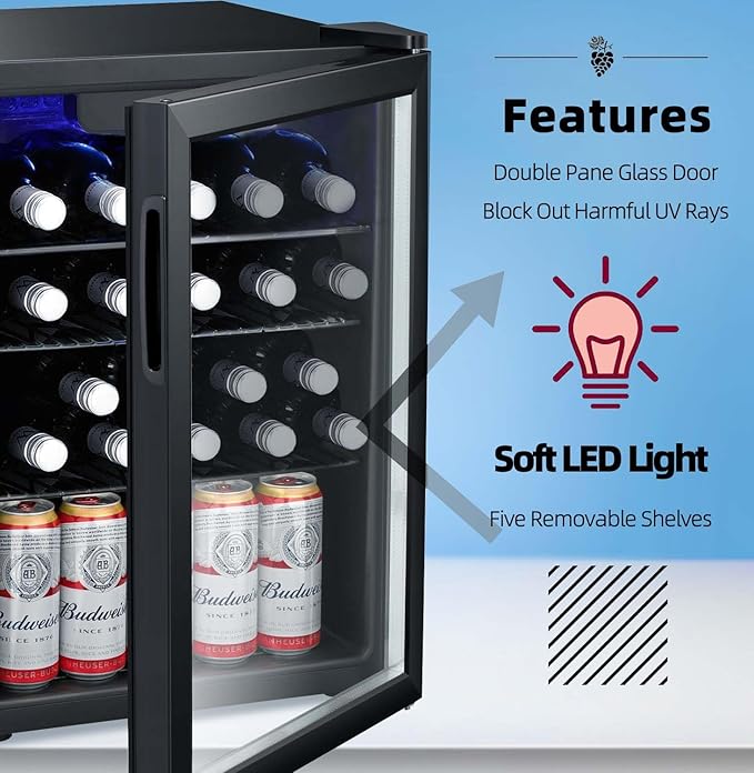 Antarctic Star 16 Bottle Wine Cooler Beverage Refrigerator Small Mini Wine Cellar Beer Soda Clear Glass Door Bar Fridge Quiet Operation Compressor Adjust Temp Control Freestanding, 2.4 Cu. Ft