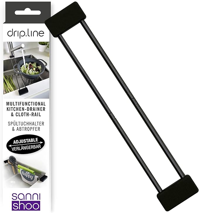 Sanni Shoo drip.line Pure Black - Versatile and Adjustable Kitchen Rack Drip Tray for Dishcloths, Brushes, and Bottles - Hygienic Storage - Made of Stainless Steel and Silicone