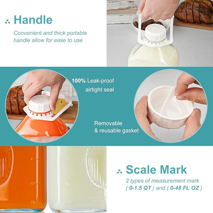Ritayedet 3 Pack 64 Oz Heavy Duty Glass Milk Bottle with 2 Silicone Spouts, 4 Handles and 4 Reusable Airtight SCREW LIDS, 2 Qt Glass Water Bottle with 2 Exact Scale Lines - Milk & Juice Jug Pitcher