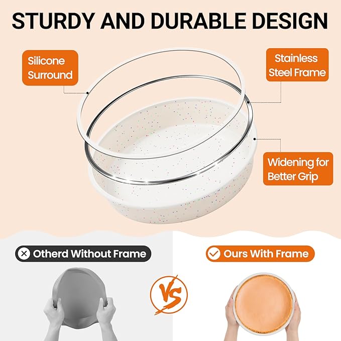 SJ 8 Inch Silicone Round Cake Pan with Metal Reinforced Frame Set of 2, Nonstick Silicone Cake Mold for Baking Suitable for Making Layers, Cheese & Chocolate Cakes
