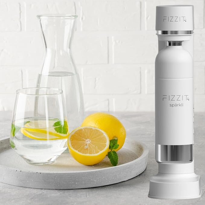 Fizzit Spärklï Carbonated Water Soda Maker in White with 2 Black Stainless Steel Bottles & 1 White Stainless Steel Bottle