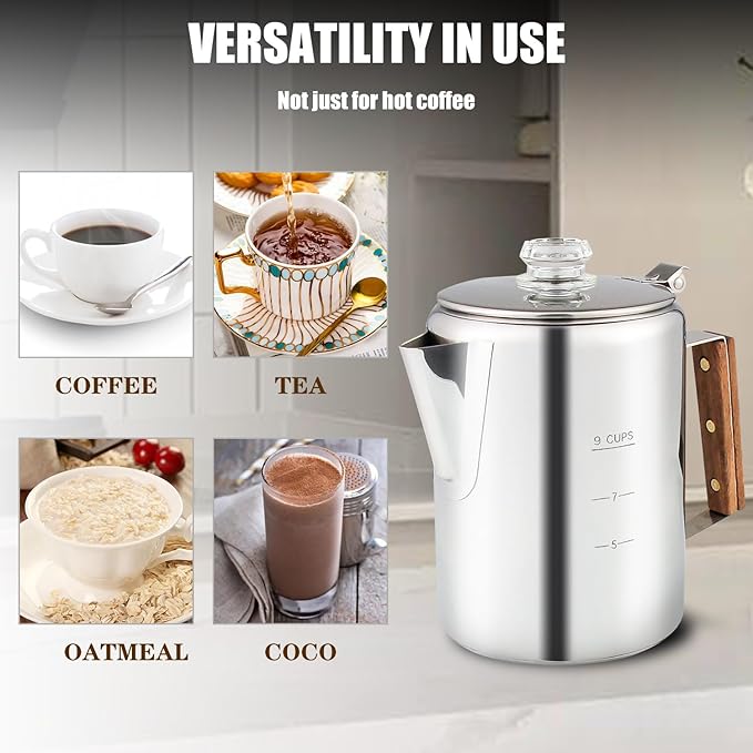 APOXCON Coffee Percolator Camping Coffee Pot Stainless Steel with Glass Knob Using on any Stovetop - NO Aluminum NO Plastic (9 Cup)