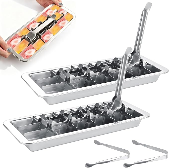 YAYODS 2 Pack Stainless Steel Ice Cube Trays for Freezer, Metal Ice Cube Tray with Tongs, 18-Cell Large Cubes, 304 Stainless Steel Ice Trays for Kitchen & Bar