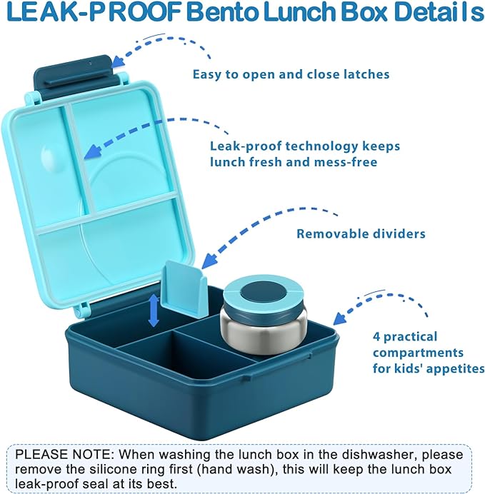 Bento Lunch Box Set for Kids with 8oz Soup Thermo, Leak-Proof Lunch Containers with 4 Compartment, Kids Thermo Hot Food Jar and Insulated Lunch Bag for Kid to School-Blue