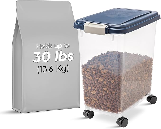 IRIS USA 30 Lbs / 33 Qt WeatherPro Airtight Pet Food Storage Container with Attachable Casters, For Dog Cat Bird and Other Pet Food Storage Bin, Keep Fresh, Translucent Body, Easy Mobility, Navy