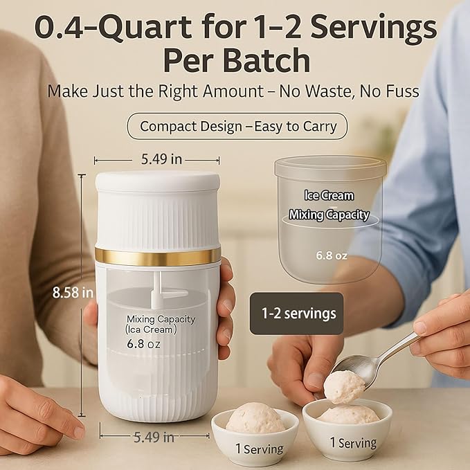 USB-C Rechargeable Portable Ice Cream Maker 0.4 Qt,Cordless Gelato, Sorbet & Frozen Yogurt Machine, Mini Homemade Dessert Maker for Couples, Dorm Kitchens & RVs, Gift-Ready in 15–30 Minutes(Gold)