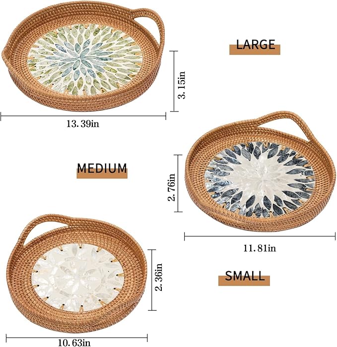 Round Rattan Tray Set (3-Piece) with Mother of Pearl Inlay & Wooden Base | Decorative Wicker Serving Basket | Storage for Coffee, Bread, Fruit | Table, Kitchen Island Decor