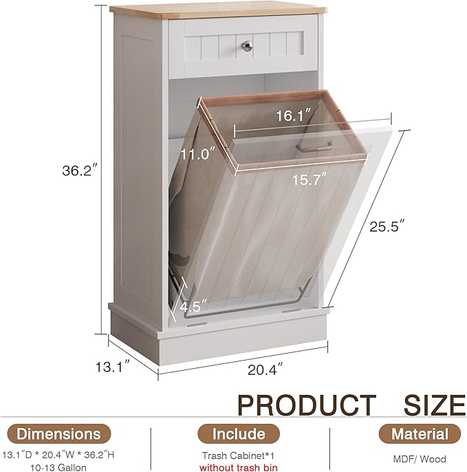 KIGOTY Tilt Out Trash Cabinet,Wooden Kitchen Trash Bin Holder Garbage Bin Recycling Cabinet Laundry Hamper with Solid Wood Countertop and Hideaway Drawer (White)
