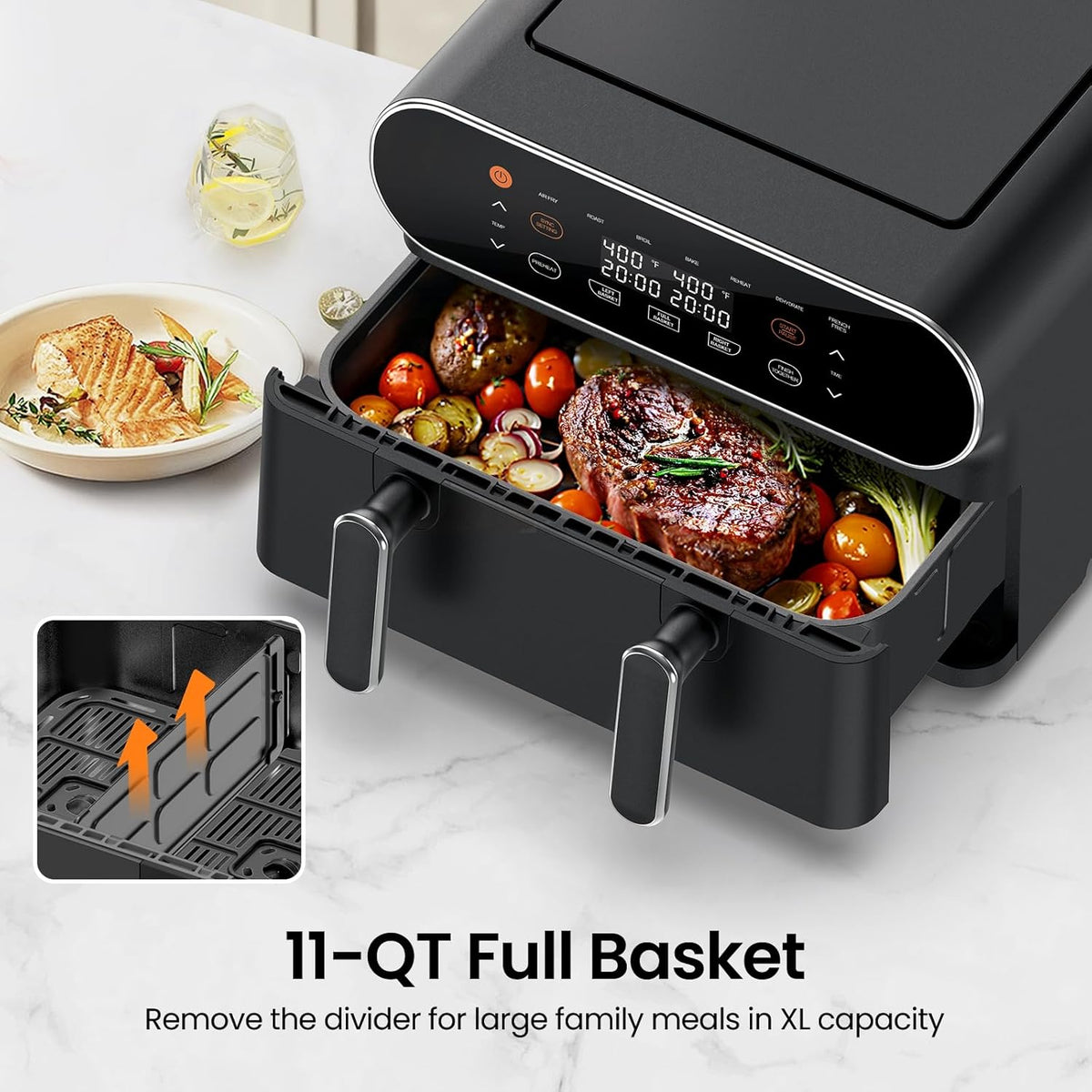 11-QT Large Air Fryer - 8 in 1 XL Airfryer with Flex Basket, Divider for Dual Cooking, Preheat, Air Fry, Roast, Broil, Bake, Reheat, Dehydrate, French Fries, Dishwasher Safe, Black