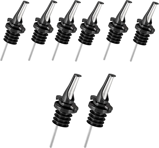 Poura 8 Liquor Pour Spouts (Black) with Built-in Caps for Optimal Fly & Dust Protection - Dishwasher Safe, Hygienic Spouts