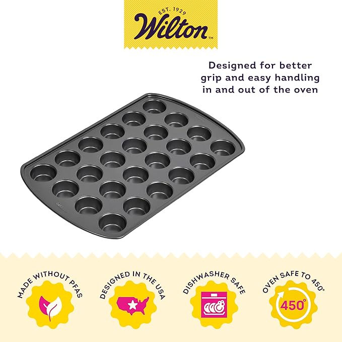 Wilton Gold Non-Stick Bakeware Mini Muffin Pan - Baking Pan for Mini Cupcakes & Muffins - Made Without PFAS - Even Heat Distribution & Scratch Resistant - 16 x 10 x 1 Inch, 24 Cups