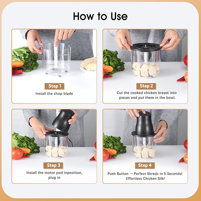 Food Processors, 2 IN 1 Electric Chicken Shredder &Food Chopper with 250W Copper Motor,1.5L Bowls & 2 Bi-Level Blades,One-Touch Electric Chicken Breast Shredder Tool-Smart Overheat Protection