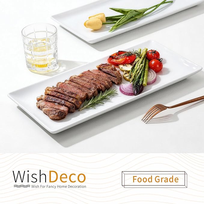 WishDeco Large Serving Platter Set of 2, Long Ceramic Serving Tray 16 inch, Rectangular Serving Dishes, White Plates for Entertaining, Fruit, Appetizer, Charcuterie, Oven & Dishwasher Safe
