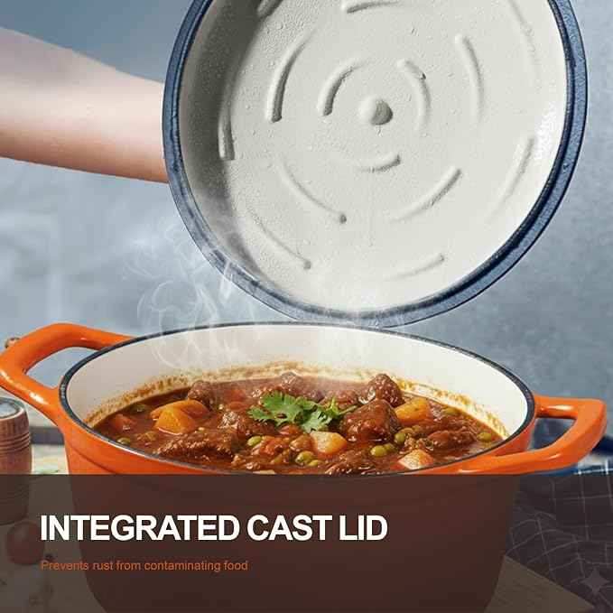 Overmont Refined Enameled Cast Iron Dutch Oven - 5.5QT Pot with Wide Handles Lid Cookbook & Cotton Potholders - Heavy-Duty Pre-Seasoned Cookware Oven Safe to 500°F for Braising, Stews, Roasting, Bread Baking