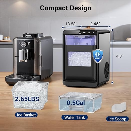 Nugget Ice Maker, 44lbs/24h Ice Makers Countertop, Soft Ice Ready in 5-10Mins Nugget Ice Maker Countertop, Self-Cleaning Pellet Ice Maker for Home, Kitchen, Office, Party