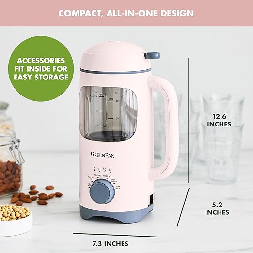 GreenPan Nut Milk Maker, 15-in-1 Homemade Soy, Almond, Oat, Coconut, Non-Dairy, Rice, Soup, Baby Food, BPA-Free, Smooth Creamy Texture, Self Clean, Barista Quality Milk, Delay Start, Boil Water, Pink