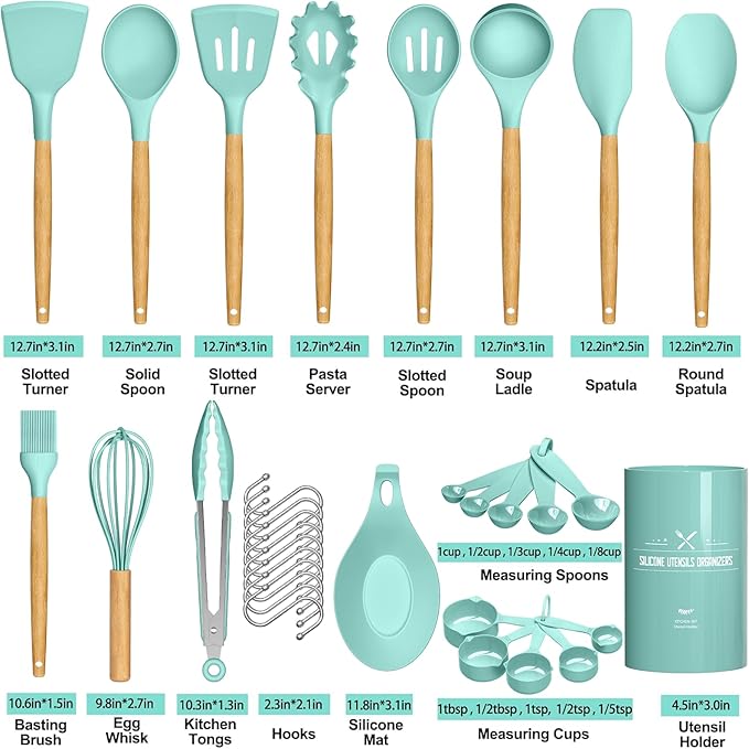 Umite Chef Kitchen Cooking Utensils Set, 24 pcs Non-stick Silicone Cooking Kitchen Utensils Spatula Set with Holder, Wooden Handle Heat Resistant Silicone Kitchen Gadgets Utensil Set (Green)