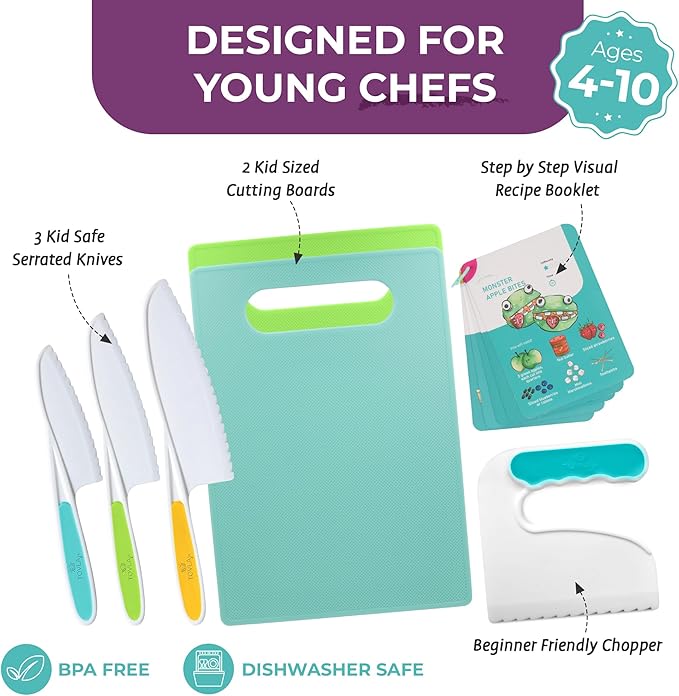Tovla Jr Kids Safe Knife Set for Real Cooking | Toddler Knife Set with Chopper and Cutting Boards | Montessori Kitchen Tools with Visual Recipe Booklet | Ages 4 to 10