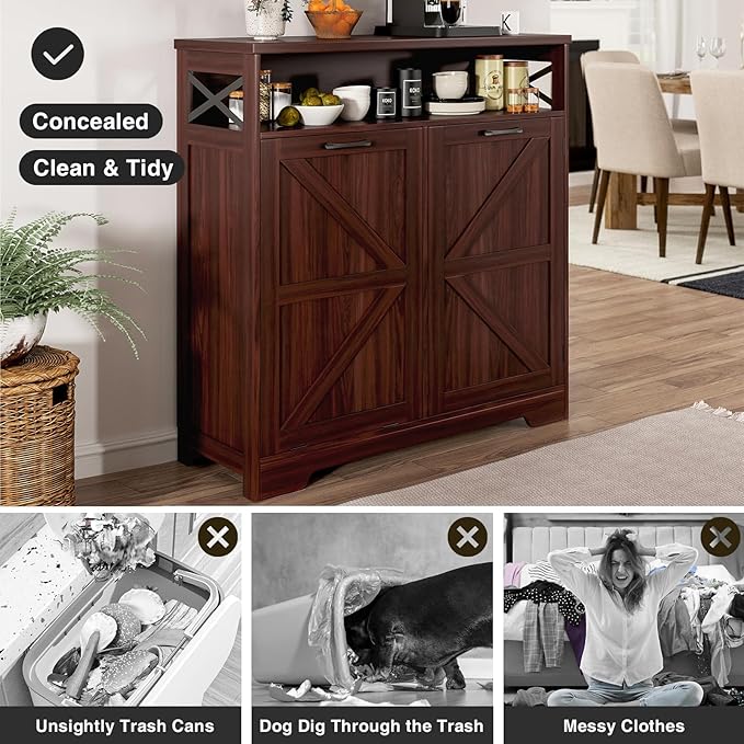 Tilt Out Trash Can Cabinet for 13 * 1 Gallon Trash Can, Farmhouse Kitchen Island Cabinet with Adjustable Shelf for Hidden Laundry Basket, Dog Proof Garbage Can for Dining Living Room, Dark Brown