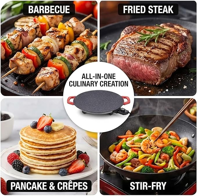 Non-Stick Electric Indoor Grill Pan, Smokeless Electric Griddle with Temperature Control, Round Baking Pan for BBQ, Steaks, Pancakes & Comal Electrico para Tortillas (40cm/15.7in)