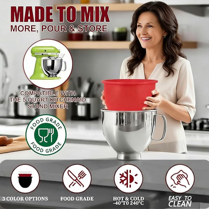 1PCS Silicone Bowl Liners with Lids,5Qt Tilt-Head Silicone Liners for Kitchenaid Stand Mixer,Odourless,Thicker, Cold/Heat-Resistant & Non-Stick, Easy Clean(Black)(with Oven mitts)
