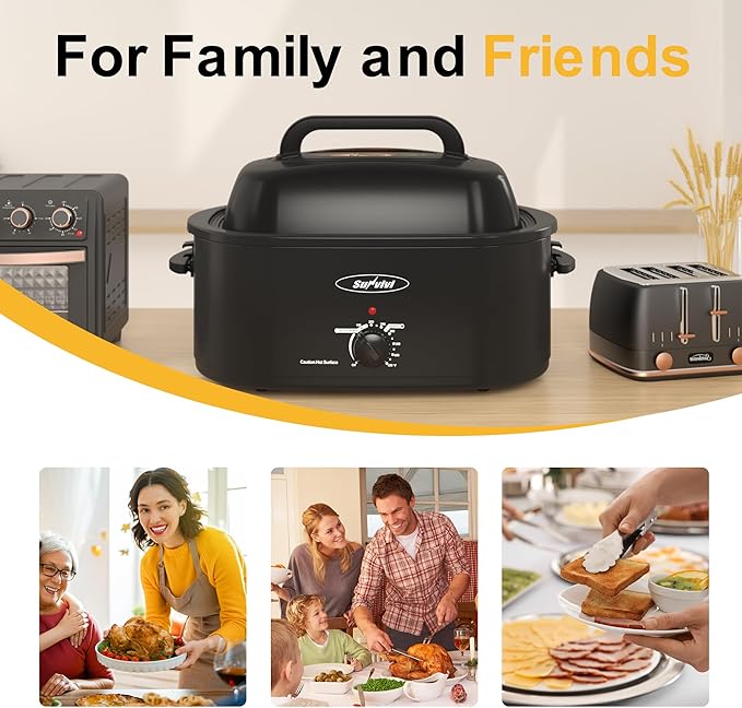 Sunvivi Roaster Oven, Electric Roaster Oven with Viewing Lid, 28lb 24-Quart Turkey Roaster with Unique Defrost/Warm Function, Large Roaster with Removable Pan & Rack, Stainless Steel, Black