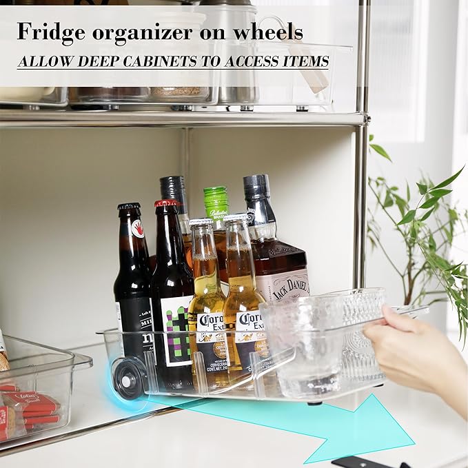 LXLXXL Fridge Organizer Bins With Wheels, 3 Pack Roll Out Refrigerator Organizers And Storage Refrigerator Drawer With Dividers, Upgrade Thick Plastic Pantry Storage Bins, Kitchen Organization