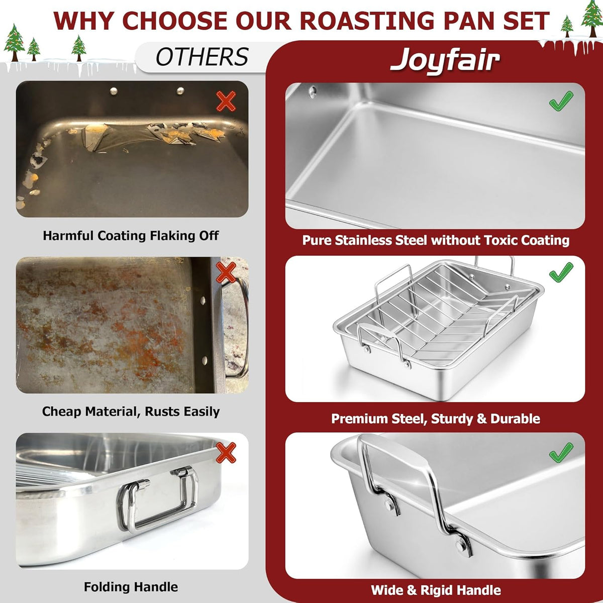 Roasting Pan with Rack for Turkey Chicken, Joyfair Stainless Steel Roaster Pan and V-rack for Toaster Oven, Rectangular Bakeware with Sturdy Handles, Heavy Duty & Dishwasher Safe (Large)
