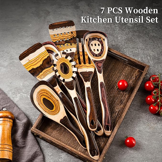 Gudamaye 7-Piece Brown Pakkawood Utensils Set – Sturdy, Eco-Friendly, Wooden Spoons for cooking, Wooden Utensil for cooking, Wooden Kitchen Tool, Home & Kitchen Gifts for Men and Women