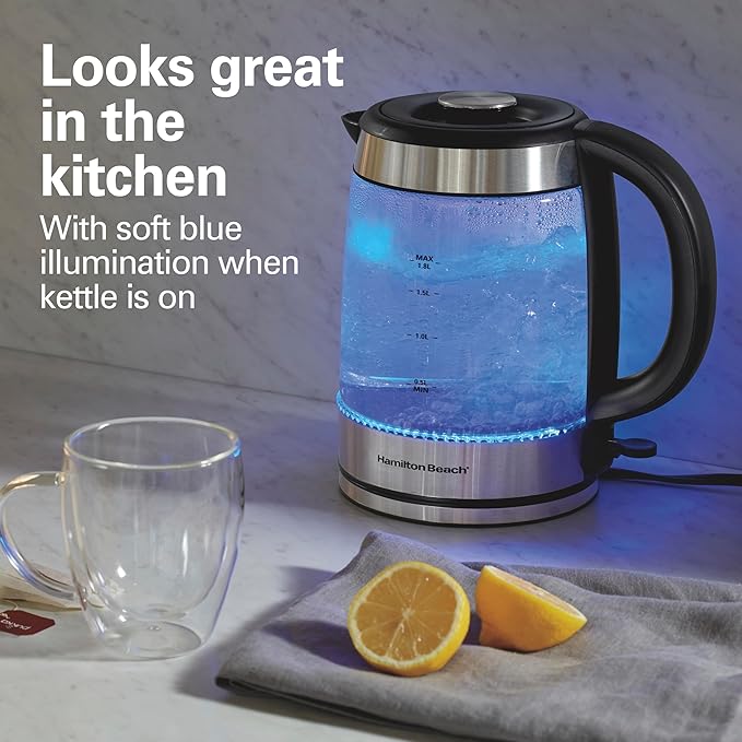 Hamilton Beach Electric Tea Kettle, Water Boiler & Heater, 1.8 Liter, Cordless Serving, 1500 Watts for Fast Boiling, Auto-Shutoff and Boil-Dry Protection, Easy-View Glass (40853C)