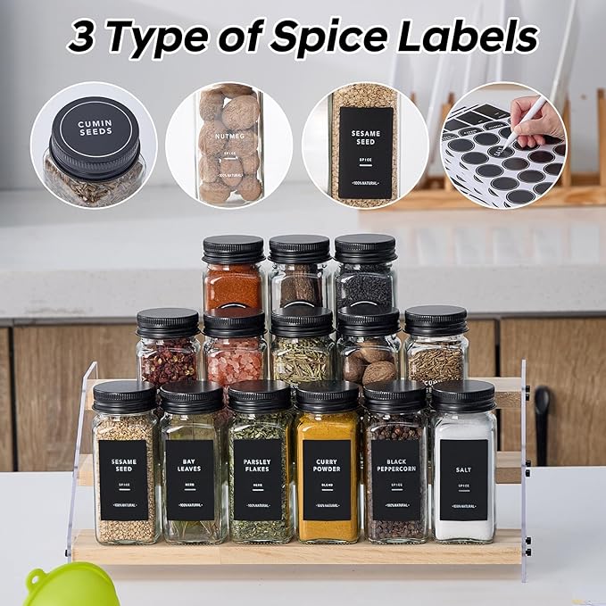 36 Glass Spice Jars with 576 Labels-Spice Jars with Black Metal Caps, 4oz Empty Square Spice Containers with Shaker Lids, Funnel, Pen, Seasoning Bottles for Spice Rack, Drawer, Cabinet