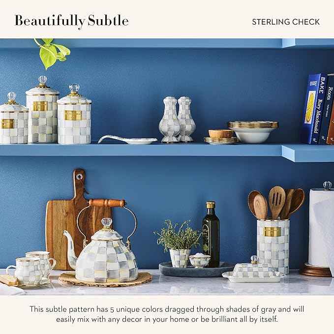 MACKENZIE-CHILDS Enamel Salt and Pepper Shakers, Kitchen Table Spice Shaker Set, Gray-and-White Sterling Check, Large