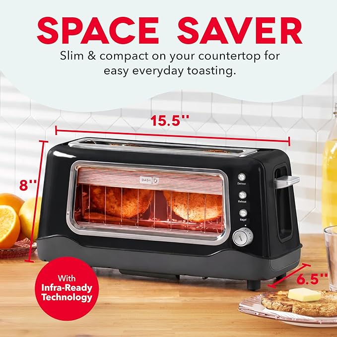 Dash Clear View Toaster - Features Large Window & Extra-Wide Slots - Auto-Shut Off Feature - Bagel Functions, & Seven-Browning Levels - 1-Touch Defrost - Black
