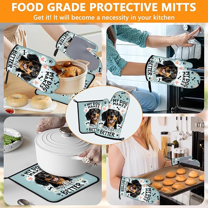 Life is Better with Dogs Oven Mitts and Pot Holders Sets 4Pcs Silicone Non-Slip Mitts Heat Resistant Gloves Hot Pads for Kitchen Cooking Baking Grilling BBQ