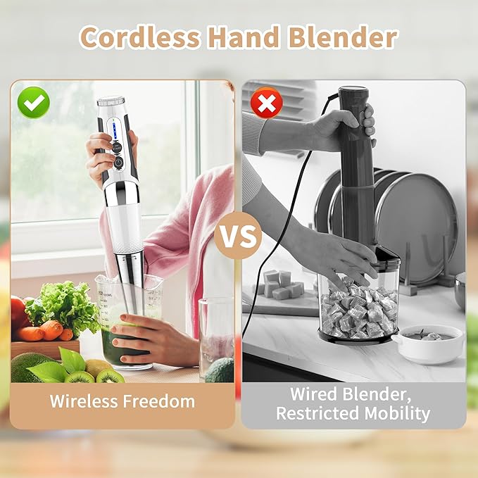 Toogel Cordless Immersion Blender, 4-in-1 Electric Hand Blender with 21-Speed & 3-Angle Adjust, USB Rechargeable, BPA-Free & Dishwasher Safe for Baby Food, Smoothies, Soup (White)